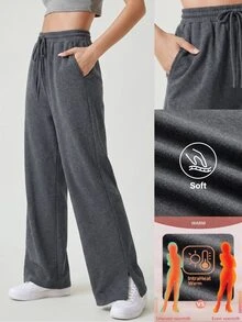 SHEIN BASICS Women's Casual Cotton Blend Sweatpants With Side Slits Warm And Comfortable Lounge Pants Gym Lounge Grey Autumn - Apricot - View 6