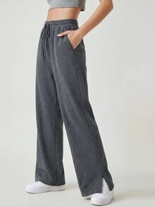 SHEIN BASICS Women's Casual Cotton Blend Sweatpants With Side Slits Warm And Comfortable Lounge Pants Gym Lounge Grey Autumn - Apricot - View 3