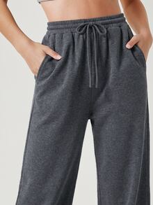 SHEIN BASICS Women's Casual Cotton Blend Sweatpants With Side Slits Warm And Comfortable Lounge Pants Gym Lounge Grey Autumn - Apricot - View 5