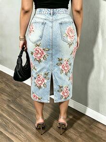 Rovax Plus Size Women's Skirt, Autumn New Style, Floral Print, Light Blue, Holiday Date Brunch Formal, Back Slit Slim Fit Bodycon Skirt Casual Elegant - Multicolor - View 2