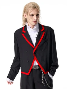ROMWE MEN Street Life Men's Notch Lapel Long Sleeve Double-Breasted Blazer - Black - View 6