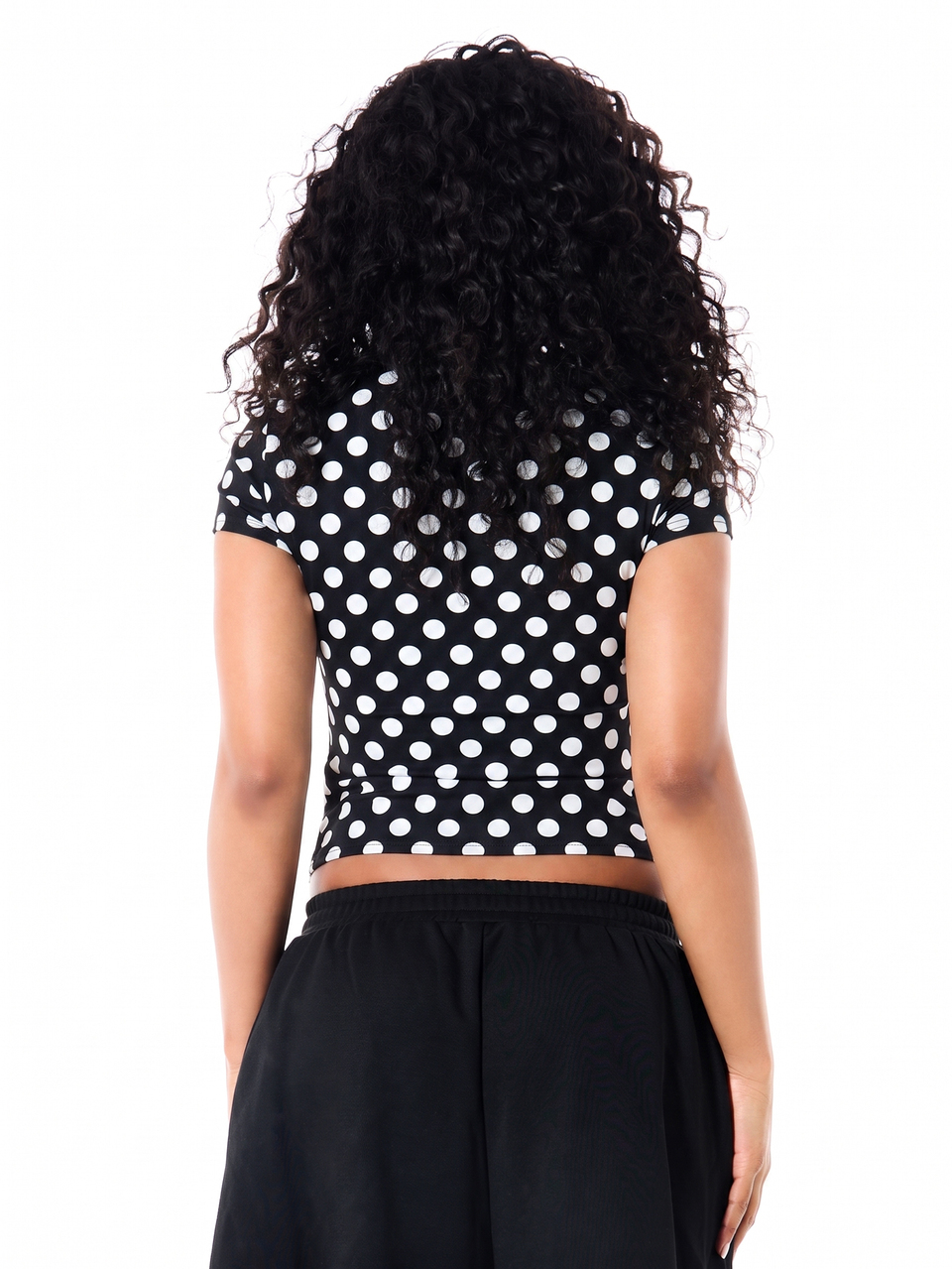 SUMWON WOMEN Polka Dot Crop Slim Fit Tee With Colorful Slogan Badge Patch Print Round Neck Short Sleeve Fitted Crop Top Summer Festival