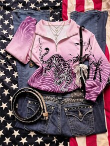 SHEIN EZwear 個性化粉色虎紋半拉鍊運動衫，棕色調，秋季休閒街頭風，適合多種場合，Y2K復古風，返校季秋冬上衣 - 彩色 - 查看 6