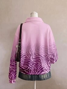 SHEIN EZwear 個性化粉色虎紋半拉鍊運動衫，棕色調，秋季休閒街頭風，適合多種場合，Y2K復古風，返校季秋冬上衣 - 彩色 - 查看 2
