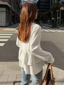 FRIFUL Women's Solid Color Pleated Casual Versatile Everyday Top Vacation - White - View 2