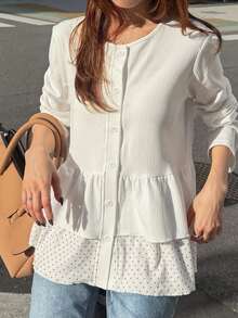 FRIFUL Women's Solid Color Pleated Casual Versatile Everyday Top Vacation - White - View 3