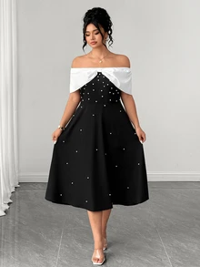 GlowEve CURVE Elegant Women's Summer A-Line Dress With Off-Shoulder Design And Pearl Embellishment - Black - View 4