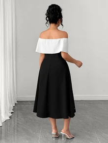 GlowEve CURVE Elegant Women's Summer A-Line Dress With Off-Shoulder Design And Pearl Embellishment - Black - View 2