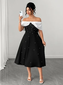 GlowEve CURVE Elegant Women's Summer A-Line Dress With Off-Shoulder Design And Pearl Embellishment - Black - View 3