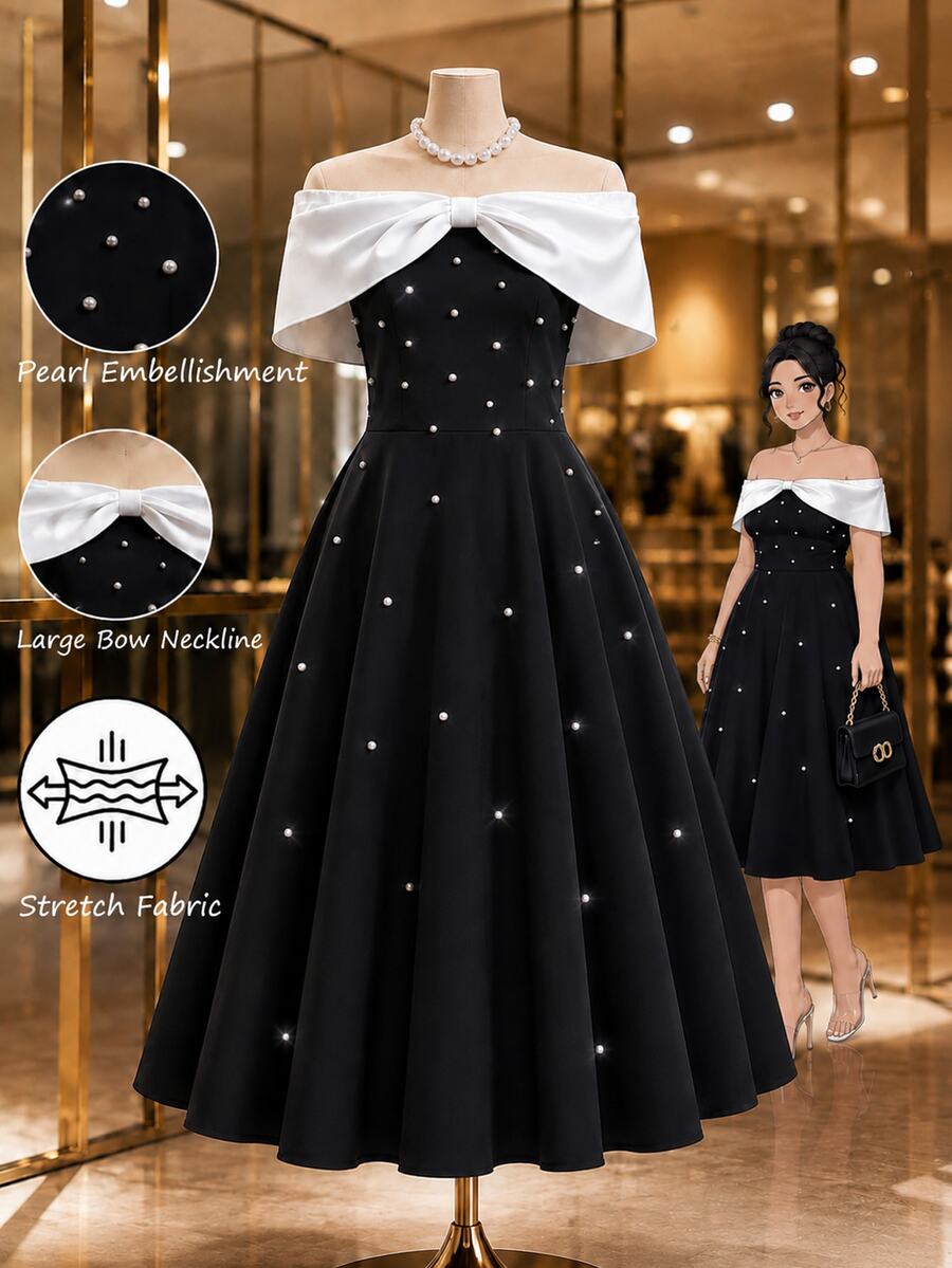 GlowEve CURVE Elegant Women's Summer A-Line Dress With Off-Shoulder Design And Pearl Embellishment - Black - View 1