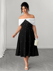 GlowEve CURVE Elegant Women's Summer A-Line Dress With Off-Shoulder Design And Pearl Embellishment - Black - View 6