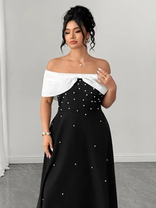 GlowEve CURVE Elegant Women's Summer A-Line Dress With Off-Shoulder Design And Pearl Embellishment - Black - View 7