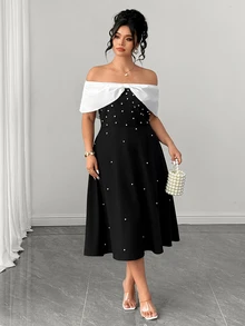 GlowEve CURVE Elegant Women's Summer A-Line Dress With Off-Shoulder Design And Pearl Embellishment - Black - View 5
