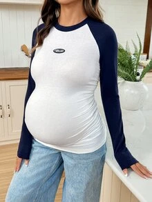 SHEIN Maternity Casual Colorblock Raglan Sleeve T-Shirt, Autumn Fall - Navy Blue - View 7