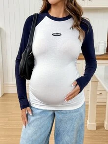 SHEIN Maternity Casual Colorblock Raglan Sleeve T-Shirt, Autumn Fall - Navy Blue - View 3