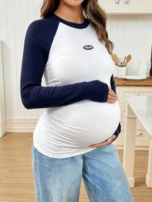SHEIN Maternity Casual Colorblock Raglan Sleeve T-Shirt, Autumn Fall - Navy Blue - View 6