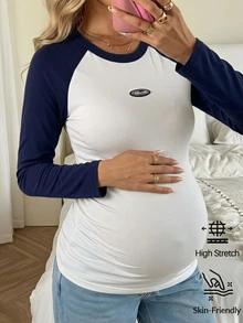 SHEIN Maternity Casual Colorblock Raglan Sleeve T-Shirt, Autumn Fall - Navy Blue - View 1