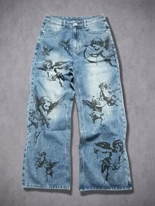 GALLERY FADE Men's Streetwear Gothic Angel Print Washed Denim Straight Leg Wide Leg Pants - Light Wash - View 3