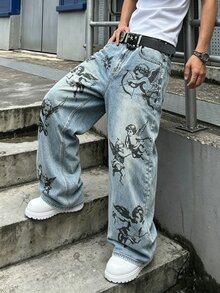 GALLERY FADE Men's Streetwear Gothic Angel Print Washed Denim Straight Leg Wide Leg Pants - Light Wash - View 2