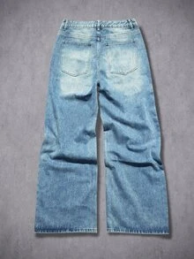GALLERY FADE Men's Streetwear Gothic Angel Print Washed Denim Straight Leg Wide Leg Pants - Light Wash - View 4