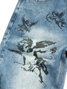 GALLERY FADE Men's Streetwear Gothic Angel Print Washed Denim Straight Leg Wide Leg Pants - Light Wash - View 8