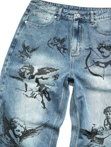 GALLERY FADE Men's Streetwear Gothic Angel Print Washed Denim Straight Leg Wide Leg Pants - Light Wash - View 7