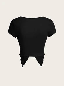 SHEIN ICON Square Neck Ruched Bust Asymmetrical Hem Fitted Short Sleeve T-Shirt - Black - View 2