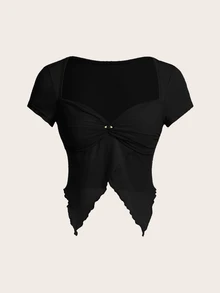 SHEIN ICON Square Neck Ruched Bust Asymmetrical Hem Fitted Short Sleeve T-Shirt - Black - View 1