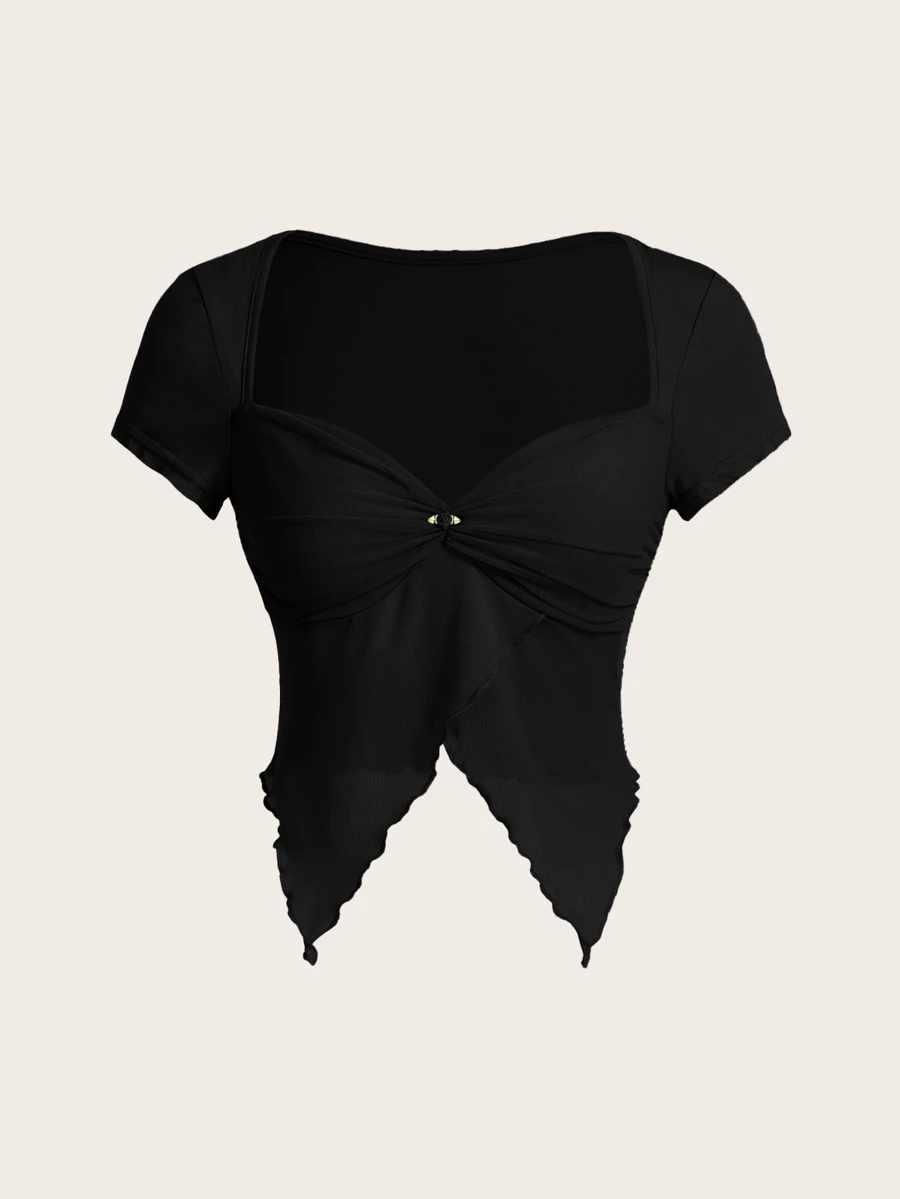 SHEIN ICON Square Neck Ruched Bust Asymmetrical Hem Fitted Short Sleeve T-Shirt - Black - View 1