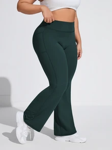 Rhythm Era Plus Size Women's Mid-High Waist Side Pocket Flare Leg Sports Pants - Green - View 4