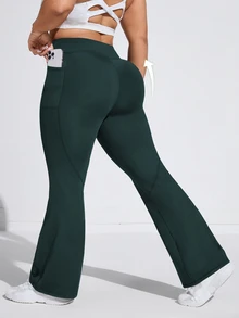 Rhythm Era Plus Size Women's Mid-High Waist Side Pocket Flare Leg Sports Pants - Green - View 2