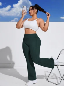 Rhythm Era Plus Size Women's Mid-High Waist Side Pocket Flare Leg Sports Pants - Green - View 7
