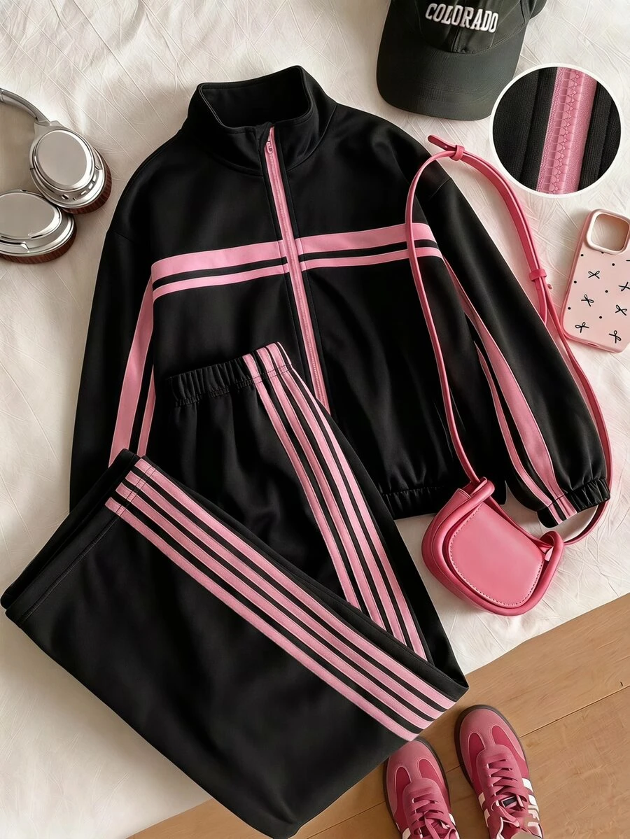 SHEIN 女童抓絨兩件套，長袖，秋季穿搭，拉鍊立領上衣配粉色飾帶 + 直筒長褲，秋冬運動 - 黑色 - 查看 1