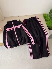 SHEIN 女童抓絨兩件套，長袖，秋季穿搭，拉鍊立領上衣配粉色飾帶 + 直筒長褲，秋冬運動 - 黑色 - 查看 5