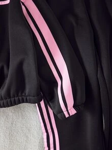 SHEIN 女童抓絨兩件套，長袖，秋季穿搭，拉鍊立領上衣配粉色飾帶 + 直筒長褲，秋冬運動 - 黑色 - 查看 4
