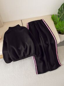 SHEIN 女童抓絨兩件套，長袖，秋季穿搭，拉鍊立領上衣配粉色飾帶 + 直筒長褲，秋冬運動 - 黑色 - 查看 2