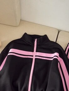 SHEIN 女童抓絨兩件套，長袖，秋季穿搭，拉鍊立領上衣配粉色飾帶 + 直筒長褲，秋冬運動 - 黑色 - 查看 6