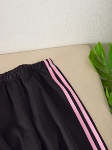 SHEIN 女童抓絨兩件套，長袖，秋季穿搭，拉鍊立領上衣配粉色飾帶 + 直筒長褲，秋冬運動 - 黑色 - 查看 7