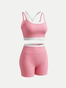 Sweetra Women's Plus Size 2 Pieces Camisole Top And Shorts Sports Set - Pink - View 1