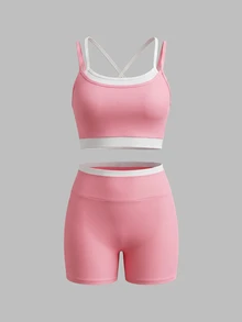 Sweetra Women's Plus Size 2 Pieces Camisole Top And Shorts Sports Set - Pink - View 2