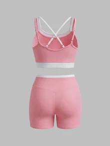 Sweetra Women's Plus Size 2 Pieces Camisole Top And Shorts Sports Set - Pink - View 4