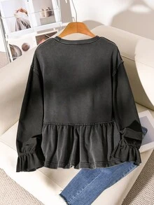 Story & Sage Sweatshirt Wanita Serbaguna dengan Lengan Lonceng, Leher Bulat, dan Hem Berumbai - Hitam - View 2