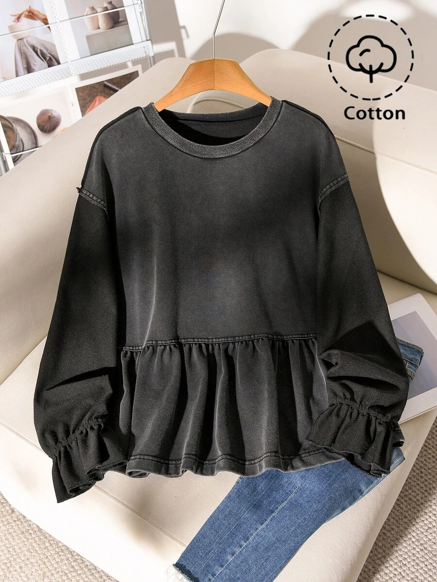 Story & Sage Sweatshirt Wanita Serbaguna dengan Lengan Lonceng, Leher Bulat, dan Hem Berumbai - Hitam - View 1