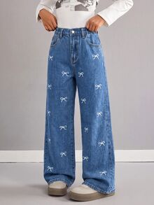SHEIN Girlism 少女女孩白色蝴蝶結圖案深藍色牛仔寬鬆長褲，可愛基礎款，適合秋冬休閒、萬聖節、新年、校園穿搭 - 藍色 - 查看 8
