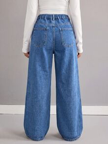 SHEIN Girlism 少女女孩白色蝴蝶結圖案深藍色牛仔寬鬆長褲，可愛基礎款，適合秋冬休閒、萬聖節、新年、校園穿搭 - 藍色 - 查看 9