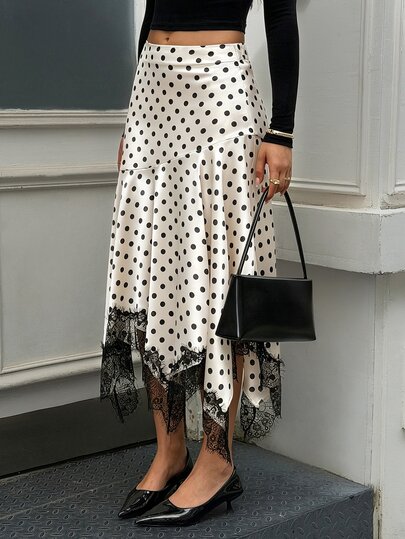 Lucivie Women's Elegant Casual Cream Black Polka Dot Satin Diagonal Cut Eyelash Lace Asymmetrical High Waist Midi Skirt