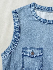 Franclia Women's Denim Effect Print Round Neck Tank Top And Shorts Casual Set - Blue - View 5