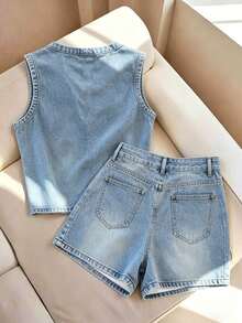 Franclia Women's Denim Effect Print Round Neck Tank Top And Shorts Casual Set - Blue - View 3