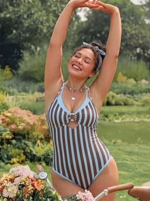 Swim Mod 2026 New Spring/Summer Plus Size One-Piece Polka Dot Random Print Large Scoop Neck Front Center White Ring Design Dual-Color Detachable Shoulder Strap Women's Swimsuit Suitable For Beach Vacation Wear - Multicolor - View 3