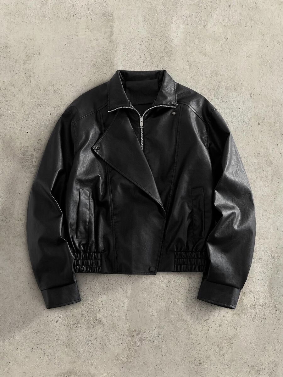 HIMLAND Men Zip Up PU Leather Moto Jacket - Black - View 1